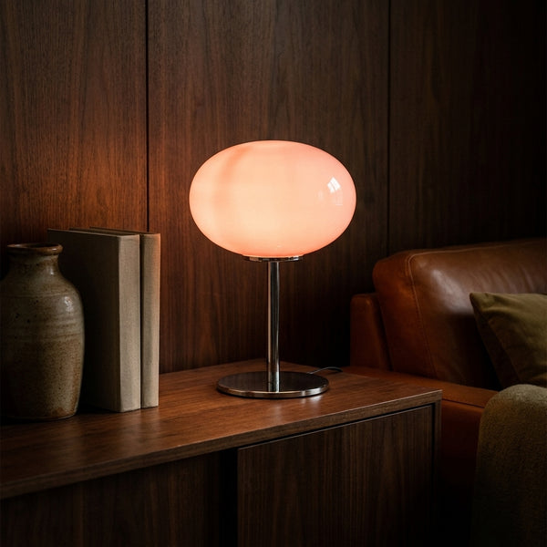 Clementine Pink Oval Globe in a warm mid century interior
