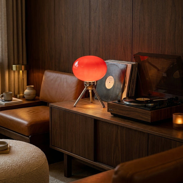 Bloom lamp beside a record player