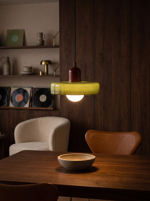 Halo pendant light casting warm light
