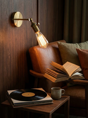 Hayden wall lamp angled over a reading chair