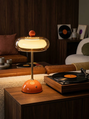 Nova lamp beside a record player