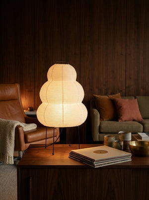 Yuki paper lantern lamp on a walnut credenza